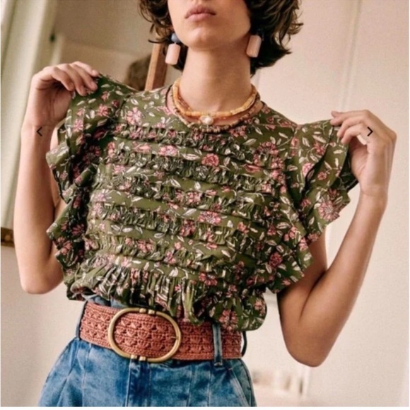 Sezane Melia Blouse Flowers Khaki Ruffled Flutter Floral
Fleurs Size 34 US 2 - Picture 2 of 9